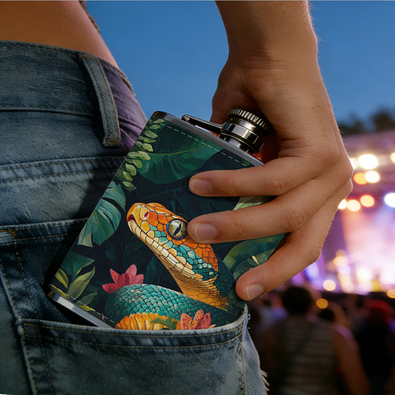 Colorful snake amidst tropical plants 8oz Flask, Stainless Steel Whiskey Bottle Gift  for Women, Home Kitchen Bar Tools, Gift Box, Holiday Gift, Christmas, Valentine's Day, Girlfriend, Mom, Present
