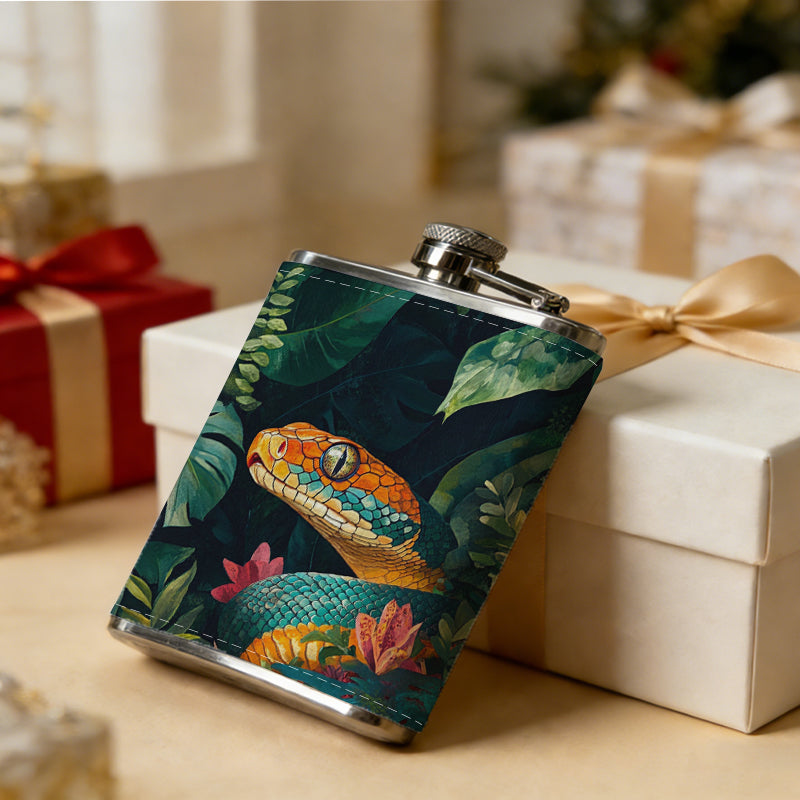 Colorful snake amidst tropical plants 8oz Flask, Stainless Steel Whiskey Bottle Gift  for Women, Home Kitchen Bar Tools, Gift Box, Holiday Gift, Christmas, Valentine's Day, Girlfriend, Mom, Present