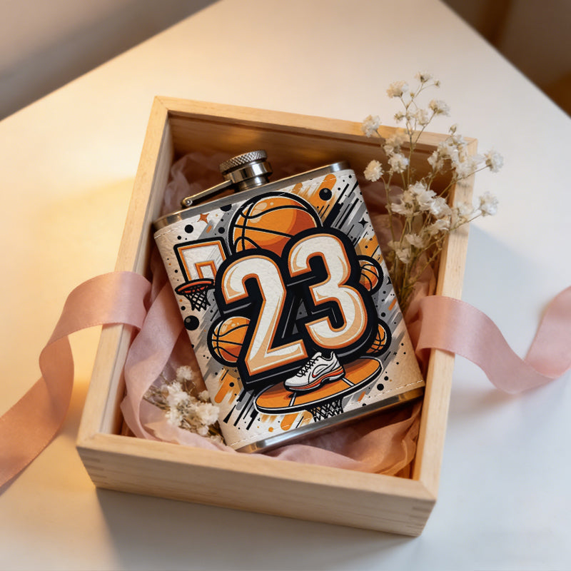 Number 23 basketball themed graffiti 8oz Flask, Stainless Steel Whiskey Bottle Gift  for Women, Home Kitchen Bar Tools, Gift Box, Holiday Gift, Christmas, Valentine's Day, Girlfriend, Mom, Present