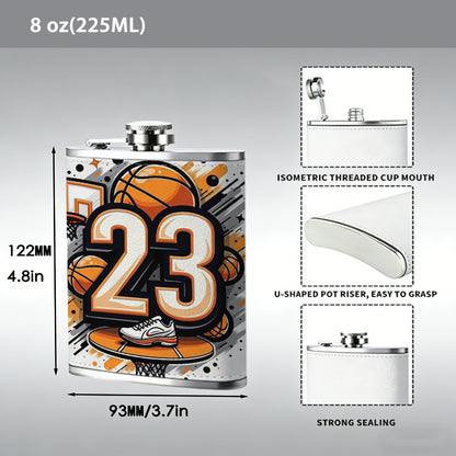Number 23 basketball themed graffiti 8oz Flask, Stainless Steel Whiskey Bottle Gift  for Women, Home Kitchen Bar Tools, Gift Box, Holiday Gift, Christmas, Valentine's Day, Girlfriend, Mom, Present