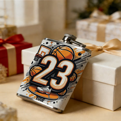 Number 23 basketball themed graffiti 8oz Flask, Stainless Steel Whiskey Bottle Gift  for Women, Home Kitchen Bar Tools, Gift Box, Holiday Gift, Christmas, Valentine's Day, Girlfriend, Mom, Present