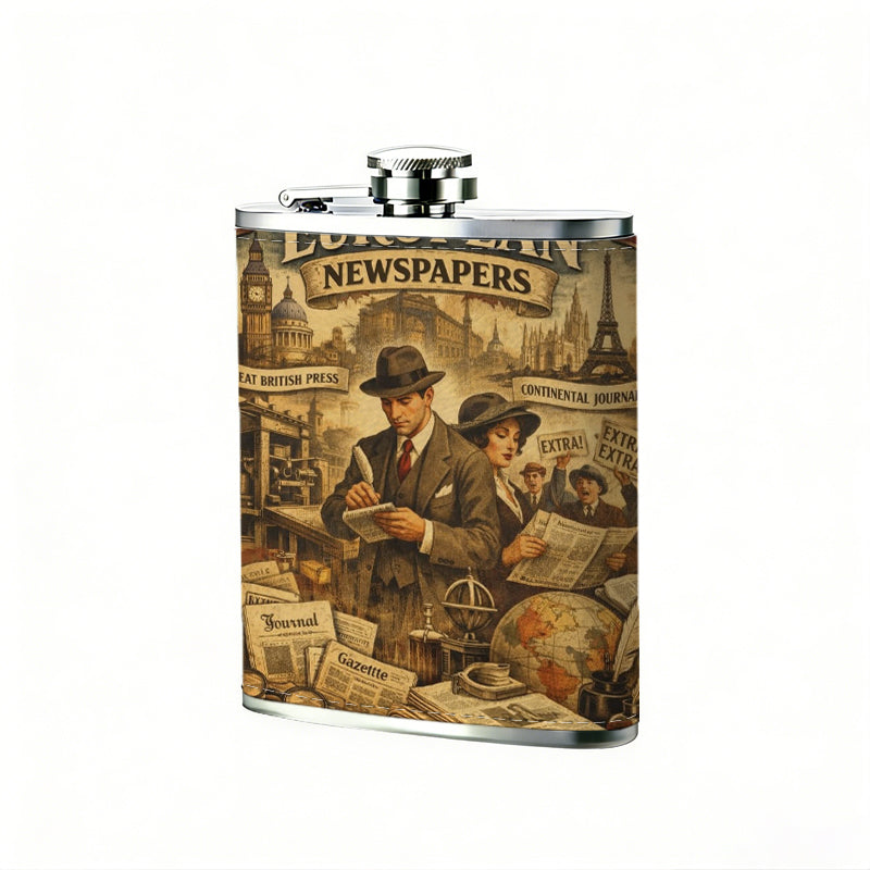 Two men at vintage European newspaper stand 8oz Flask, Stainless Steel Whiskey Bottle Gift  for Women, Home Kitchen Bar Tools, Gift Box, Holiday Gift, Christmas, Valentine's Day, Girlfriend, Mom, Present