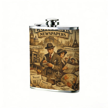 Two men at vintage European newspaper stand 8oz Flask, Stainless Steel Whiskey Bottle Gift  for Women, Home Kitchen Bar Tools, Gift Box, Holiday Gift, Christmas, Valentine's Day, Girlfriend, Mom, Present