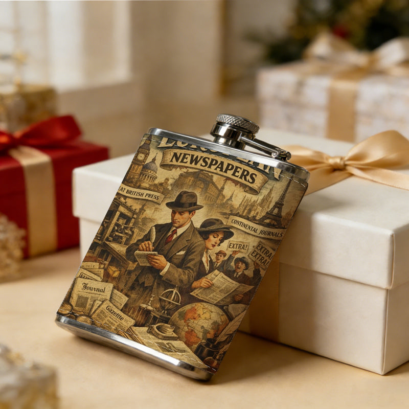 Two men at vintage European newspaper stand 8oz Flask, Stainless Steel Whiskey Bottle Gift  for Women, Home Kitchen Bar Tools, Gift Box, Holiday Gift, Christmas, Valentine's Day, Girlfriend, Mom, Present