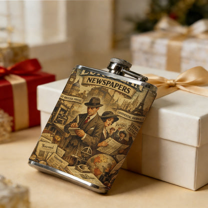 Two men at vintage European newspaper stand 8oz Flask, Stainless Steel Whiskey Bottle Gift  for Women, Home Kitchen Bar Tools, Gift Box, Holiday Gift, Christmas, Valentine's Day, Girlfriend, Mom, Present