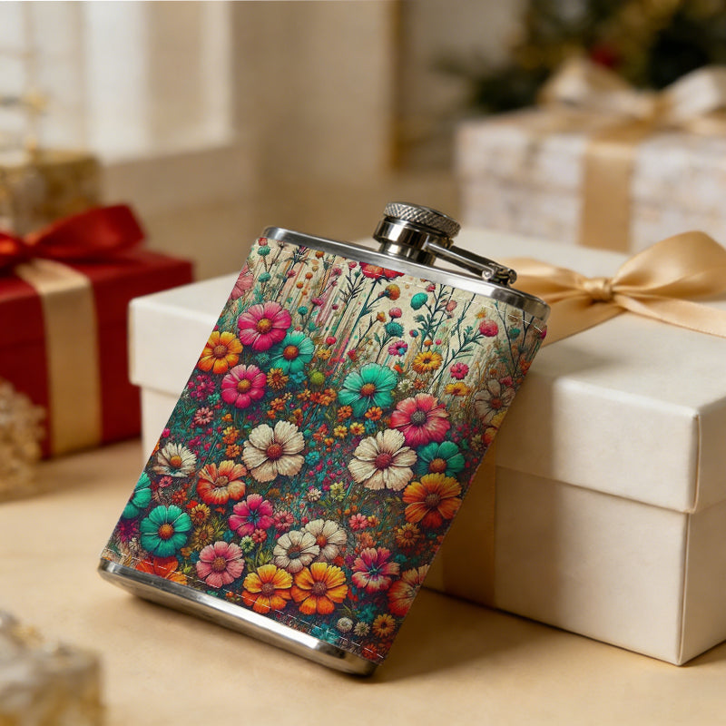 Colorful circular flower patterns 8oz Flask, Stainless Steel Whiskey Bottle Gift  for Women, Home Kitchen Bar Tools, Gift Box, Holiday Gift, Christmas, Valentine's Day, Girlfriend, Mom, Present