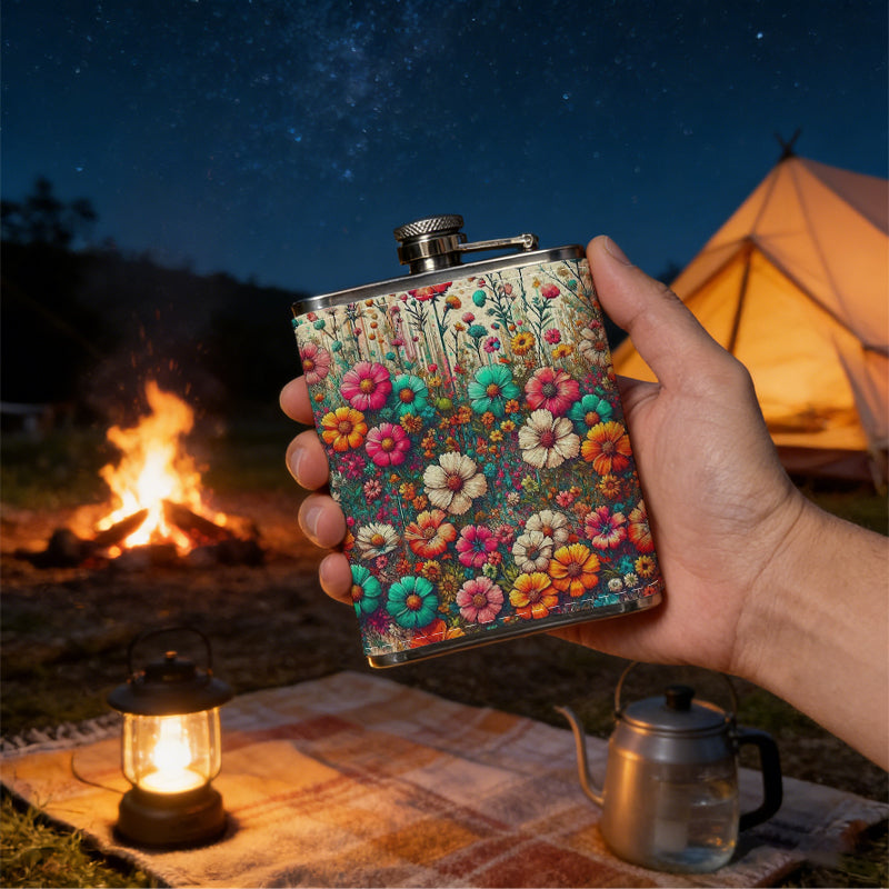 Colorful circular flower patterns 8oz Flask, Stainless Steel Whiskey Bottle Gift  for Women, Home Kitchen Bar Tools, Gift Box, Holiday Gift, Christmas, Valentine's Day, Girlfriend, Mom, Present