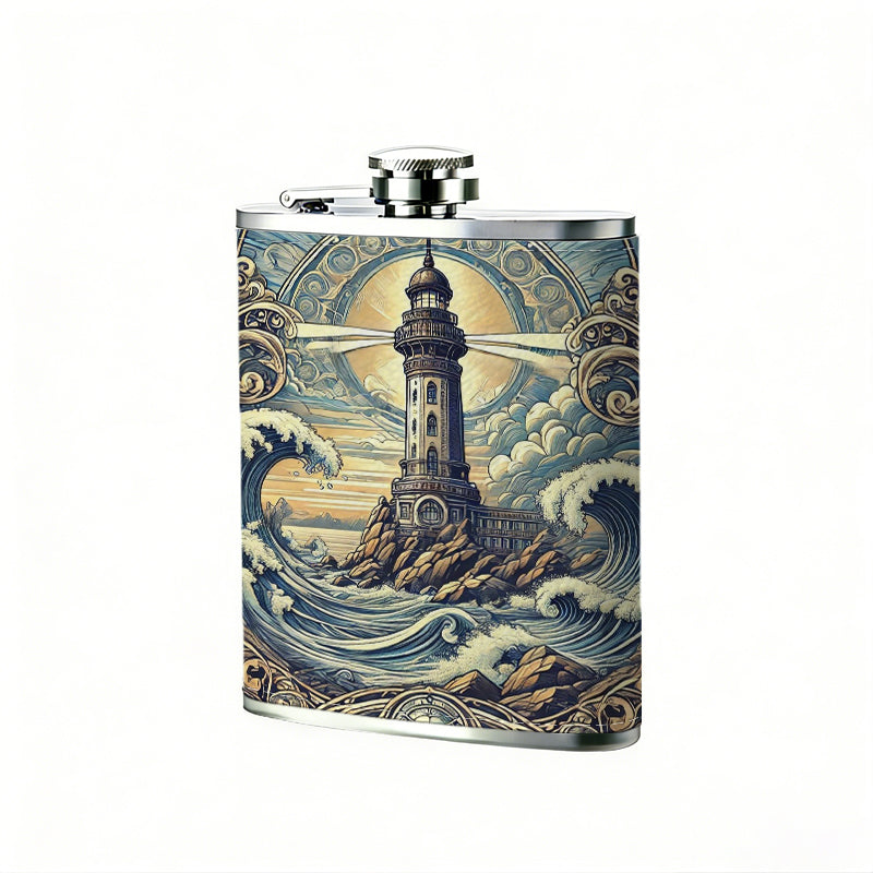 Vintage lighthouse ocean sunset art 8oz Flask, Stainless Steel Whiskey Bottle Gift  for Women, Home Kitchen Bar Tools, Gift Box, Holiday Gift, Christmas, Valentine's Day, Girlfriend, Mom, Present