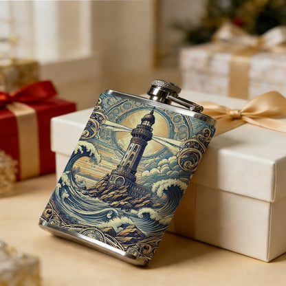 Vintage lighthouse ocean sunset art 8oz Flask, Stainless Steel Whiskey Bottle Gift  for Women, Home Kitchen Bar Tools, Gift Box, Holiday Gift, Christmas, Valentine's Day, Girlfriend, Mom, Present