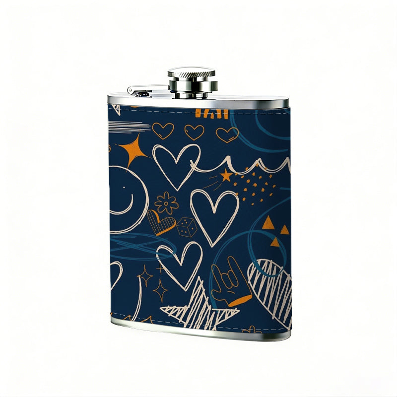 Doodles with hearts, stars and smileys 8oz Flask, Stainless Steel Whiskey Bottle Gift  for Women, Home Kitchen Bar Tools, Gift Box, Holiday Gift, Christmas, Valentine's Day, Girlfriend, Mom, Present