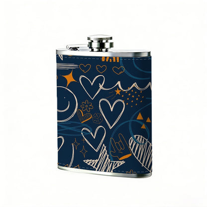 Doodles with hearts, stars and smileys 8oz Flask, Stainless Steel Whiskey Bottle Gift  for Women, Home Kitchen Bar Tools, Gift Box, Holiday Gift, Christmas, Valentine's Day, Girlfriend, Mom, Present