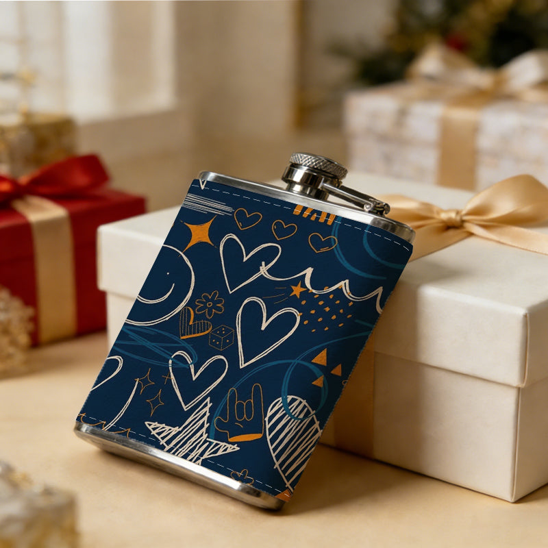 Doodles with hearts, stars and smileys 8oz Flask, Stainless Steel Whiskey Bottle Gift  for Women, Home Kitchen Bar Tools, Gift Box, Holiday Gift, Christmas, Valentine's Day, Girlfriend, Mom, Present