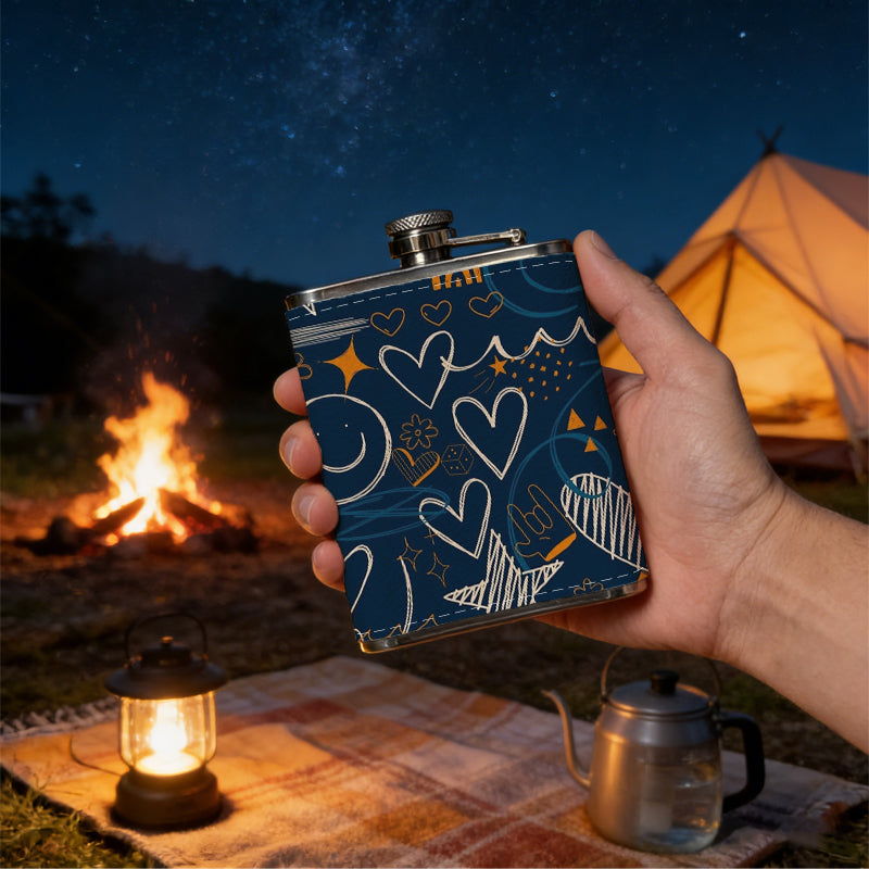 Doodles with hearts, stars and smileys 8oz Flask, Stainless Steel Whiskey Bottle Gift  for Women, Home Kitchen Bar Tools, Gift Box, Holiday Gift, Christmas, Valentine's Day, Girlfriend, Mom, Present