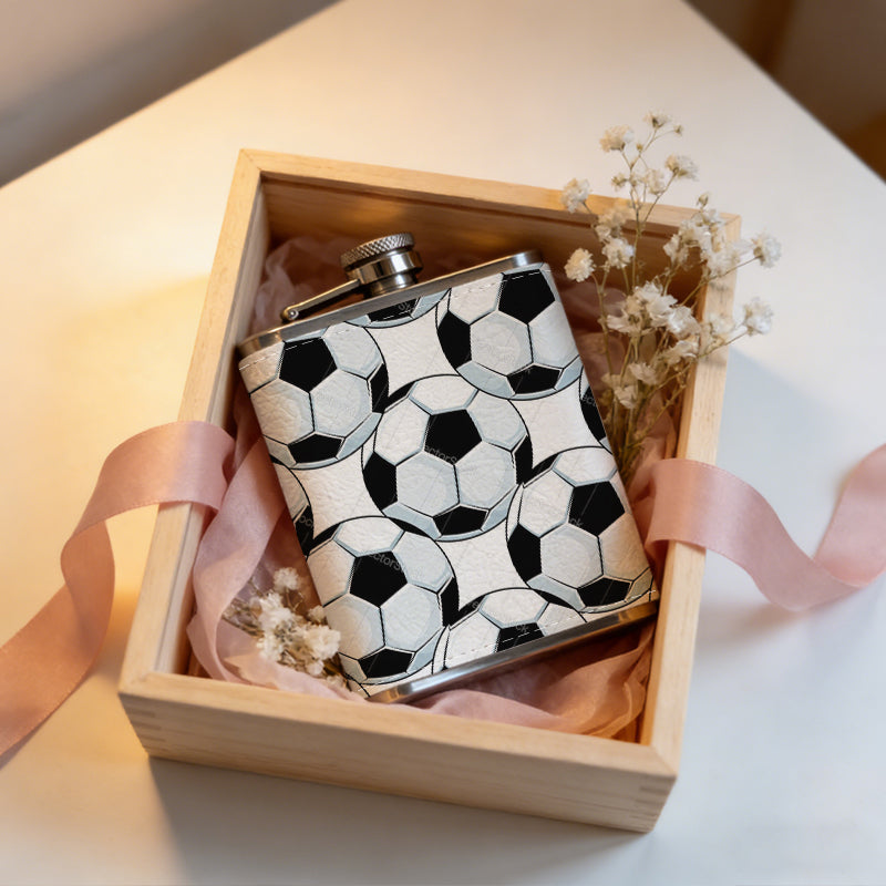 Seamless pattern of soccer balls 8oz Flask, Stainless Steel Whiskey Bottle Gift  for Women, Home Kitchen Bar Tools, Gift Box, Holiday Gift, Christmas, Valentine's Day, Girlfriend, Mom, Present
