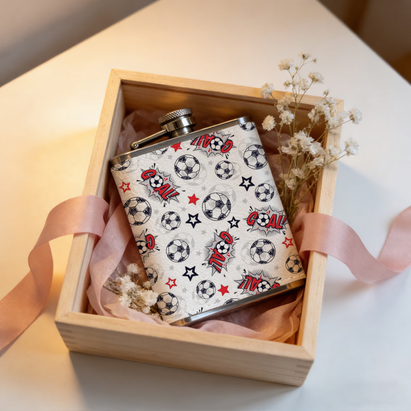 Pattern with soccer balls, stars and ladybugs 8oz Flask, Stainless Steel Whiskey Bottle Gift  for Women, Home Kitchen Bar Tools, Gift Box, Holiday Gift, Christmas, Valentine's Day, Girlfriend, Mom, Present