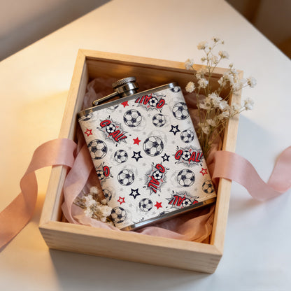 Pattern with soccer balls, stars and ladybugs 8oz Flask, Stainless Steel Whiskey Bottle Gift  for Women, Home Kitchen Bar Tools, Gift Box, Holiday Gift, Christmas, Valentine's Day, Girlfriend, Mom, Present