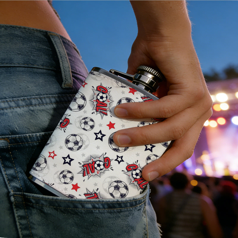 Pattern with soccer balls, stars and ladybugs 8oz Flask, Stainless Steel Whiskey Bottle Gift  for Women, Home Kitchen Bar Tools, Gift Box, Holiday Gift, Christmas, Valentine's Day, Girlfriend, Mom, Present