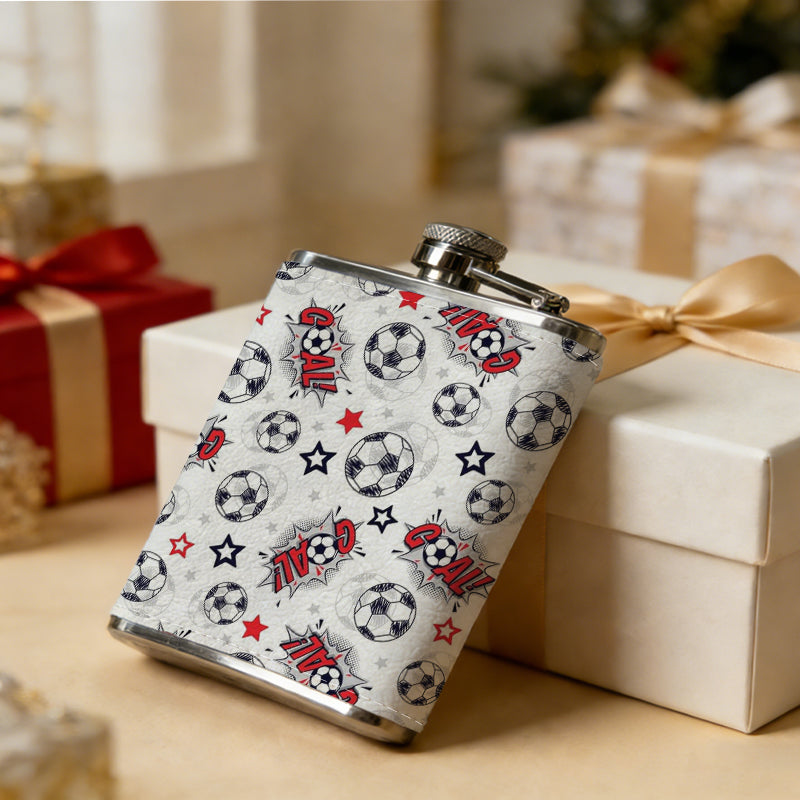 Pattern with soccer balls, stars and ladybugs 8oz Flask, Stainless Steel Whiskey Bottle Gift  for Women, Home Kitchen Bar Tools, Gift Box, Holiday Gift, Christmas, Valentine's Day, Girlfriend, Mom, Present