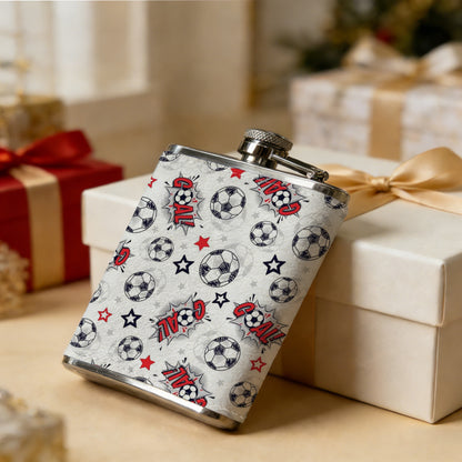 Pattern with soccer balls, stars and ladybugs 8oz Flask, Stainless Steel Whiskey Bottle Gift  for Women, Home Kitchen Bar Tools, Gift Box, Holiday Gift, Christmas, Valentine's Day, Girlfriend, Mom, Present