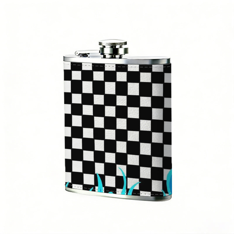 Black and white checkers with blue flames 8oz Flask, Stainless Steel Whiskey Bottle Gift  for Women, Home Kitchen Bar Tools, Gift Box, Holiday Gift, Christmas, Valentine's Day, Girlfriend, Mom, Present