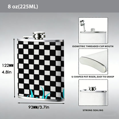 Black and white checkers with blue flames 8oz Flask, Stainless Steel Whiskey Bottle Gift  for Women, Home Kitchen Bar Tools, Gift Box, Holiday Gift, Christmas, Valentine's Day, Girlfriend, Mom, Present