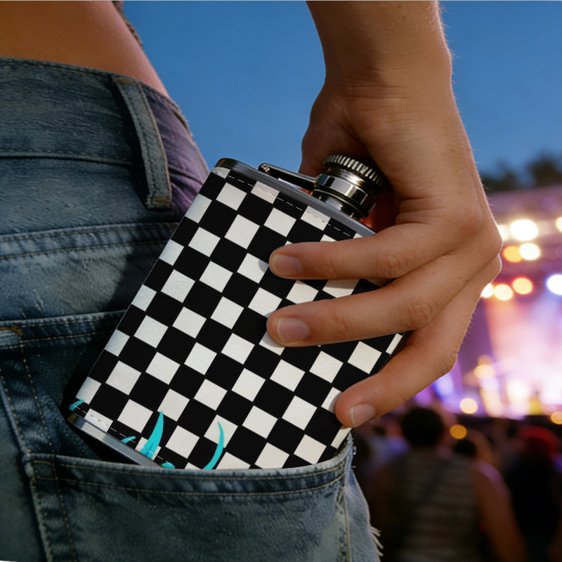 Black and white checkers with blue flames 8oz Flask, Stainless Steel Whiskey Bottle Gift  for Women, Home Kitchen Bar Tools, Gift Box, Holiday Gift, Christmas, Valentine's Day, Girlfriend, Mom, Present