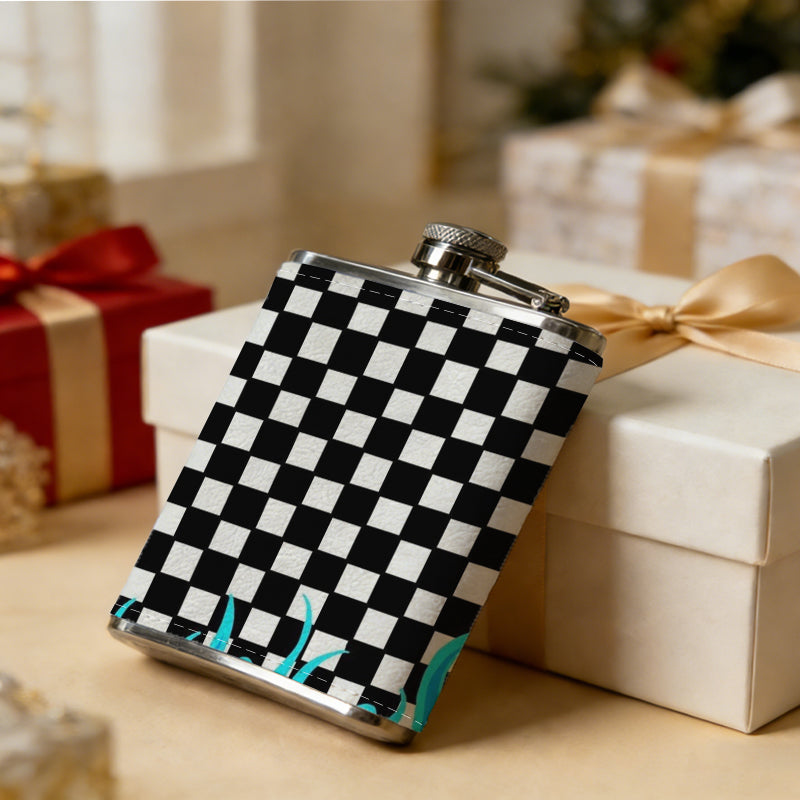Black and white checkers with blue flames 8oz Flask, Stainless Steel Whiskey Bottle Gift  for Women, Home Kitchen Bar Tools, Gift Box, Holiday Gift, Christmas, Valentine's Day, Girlfriend, Mom, Present