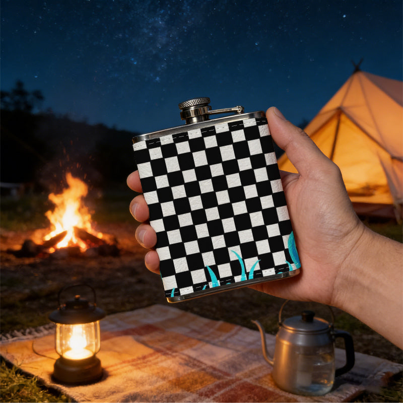 Black and white checkers with blue flames 8oz Flask, Stainless Steel Whiskey Bottle Gift  for Women, Home Kitchen Bar Tools, Gift Box, Holiday Gift, Christmas, Valentine's Day, Girlfriend, Mom, Present
