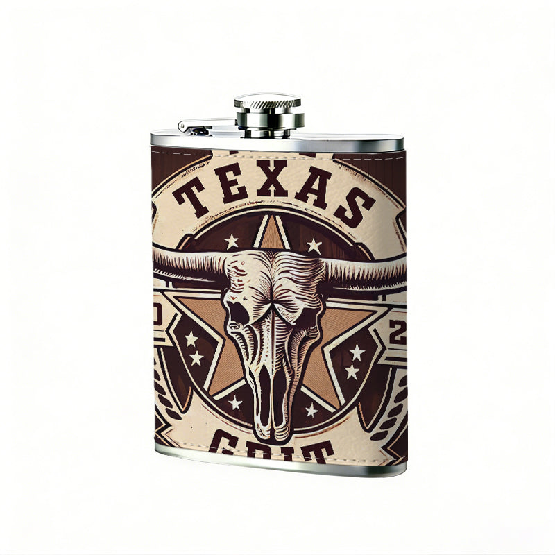 Texas longhorn skull vintage badge 8oz Flask, Stainless Steel Whiskey Bottle Gift  for Women, Home Kitchen Bar Tools, Gift Box, Holiday Gift, Christmas, Valentine's Day, Girlfriend, Mom, Present