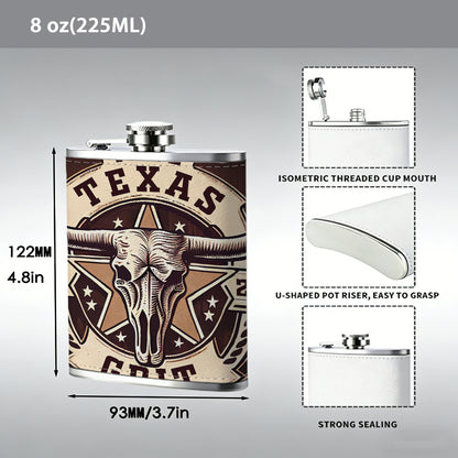 Texas longhorn skull vintage badge 8oz Flask, Stainless Steel Whiskey Bottle Gift  for Women, Home Kitchen Bar Tools, Gift Box, Holiday Gift, Christmas, Valentine's Day, Girlfriend, Mom, Present