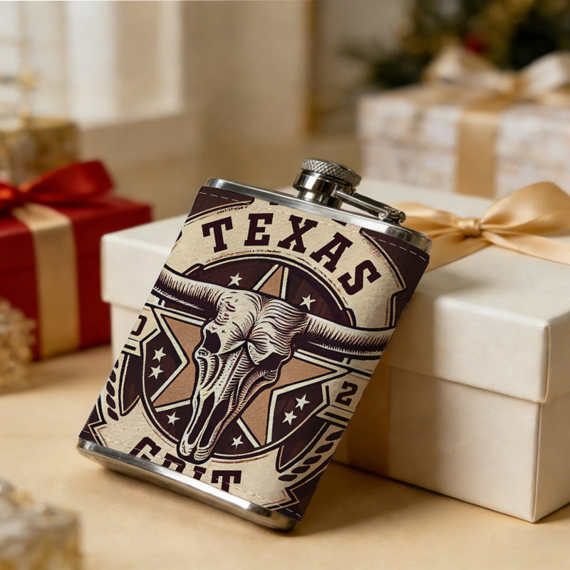 Texas longhorn skull vintage badge 8oz Flask, Stainless Steel Whiskey Bottle Gift  for Women, Home Kitchen Bar Tools, Gift Box, Holiday Gift, Christmas, Valentine's Day, Girlfriend, Mom, Present