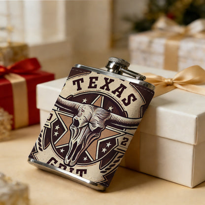 Texas longhorn skull vintage badge 8oz Flask, Stainless Steel Whiskey Bottle Gift  for Women, Home Kitchen Bar Tools, Gift Box, Holiday Gift, Christmas, Valentine's Day, Girlfriend, Mom, Present