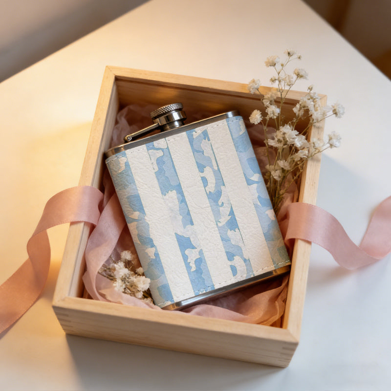 Blurry blue and white stripes 8oz Flask, Stainless Steel Whiskey Bottle Gift  for Women, Home Kitchen Bar Tools, Gift Box, Holiday Gift, Christmas, Valentine's Day, Girlfriend, Mom, Present