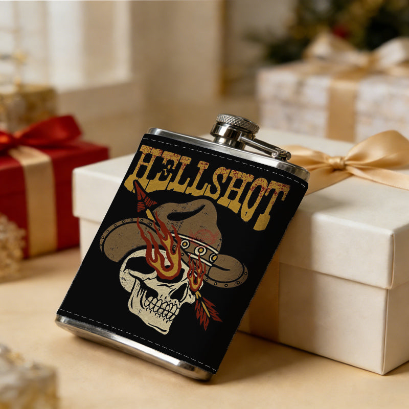 Skull, cowboy hat and text 8oz Flask, Stainless Steel Whiskey Bottle Gift  for Women, Home Kitchen Bar Tools, Gift Box, Holiday Gift, Christmas, Valentine's Day, Girlfriend, Mom, Present