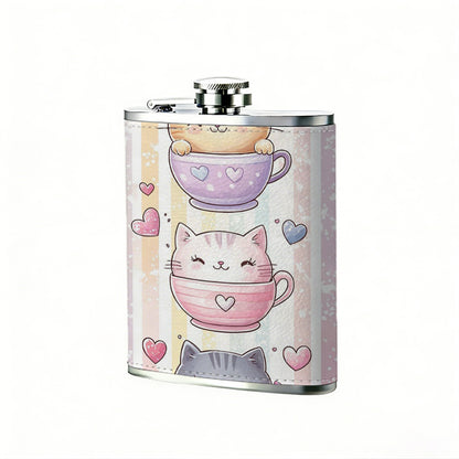 Three cute cats in teacups with hearts 8oz Flask, Stainless Steel Whiskey Bottle Gift  for Women, Home Kitchen Bar Tools, Gift Box, Holiday Gift, Christmas, Valentine's Day, Girlfriend, Mom, Present