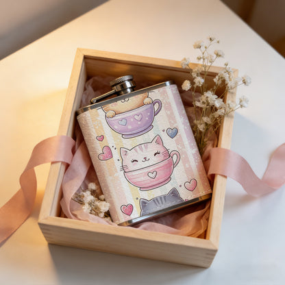 Three cute cats in teacups with hearts 8oz Flask, Stainless Steel Whiskey Bottle Gift  for Women, Home Kitchen Bar Tools, Gift Box, Holiday Gift, Christmas, Valentine's Day, Girlfriend, Mom, Present