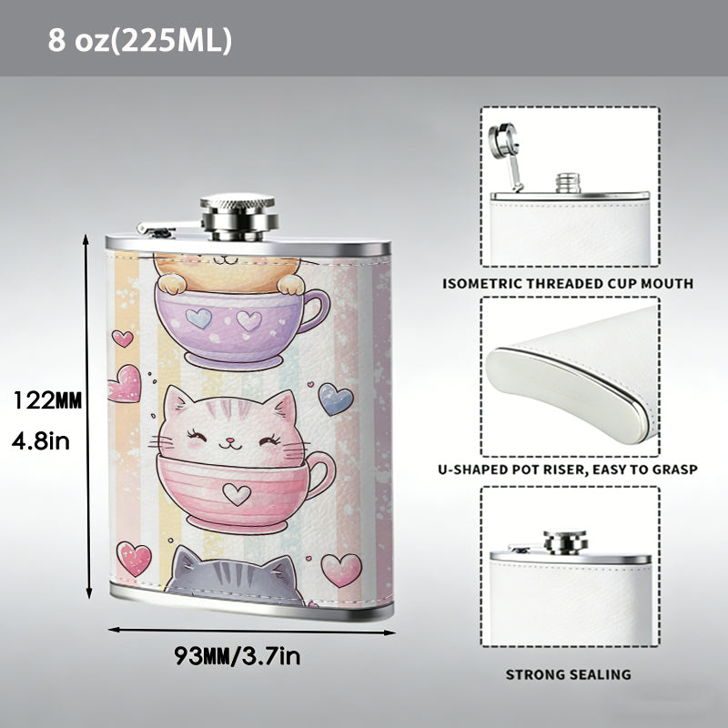 Three cute cats in teacups with hearts 8oz Flask, Stainless Steel Whiskey Bottle Gift  for Women, Home Kitchen Bar Tools, Gift Box, Holiday Gift, Christmas, Valentine's Day, Girlfriend, Mom, Present