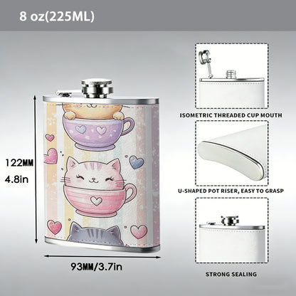 Three cute cats in teacups with hearts 8oz Flask, Stainless Steel Whiskey Bottle Gift  for Women, Home Kitchen Bar Tools, Gift Box, Holiday Gift, Christmas, Valentine's Day, Girlfriend, Mom, Present