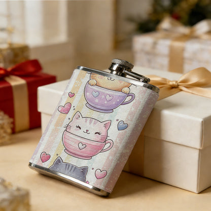 Three cute cats in teacups with hearts 8oz Flask, Stainless Steel Whiskey Bottle Gift  for Women, Home Kitchen Bar Tools, Gift Box, Holiday Gift, Christmas, Valentine's Day, Girlfriend, Mom, Present