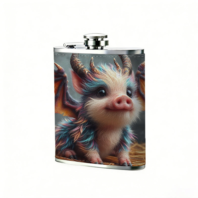 A cute fantasy winged horned pig dragon 8oz Flask, Stainless Steel Whiskey Bottle Gift  for Women, Home Kitchen Bar Tools, Gift Box, Holiday Gift, Christmas, Valentine's Day, Girlfriend, Mom, Present
