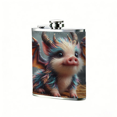 A cute fantasy winged horned pig dragon 8oz Flask, Stainless Steel Whiskey Bottle Gift  for Women, Home Kitchen Bar Tools, Gift Box, Holiday Gift, Christmas, Valentine's Day, Girlfriend, Mom, Present