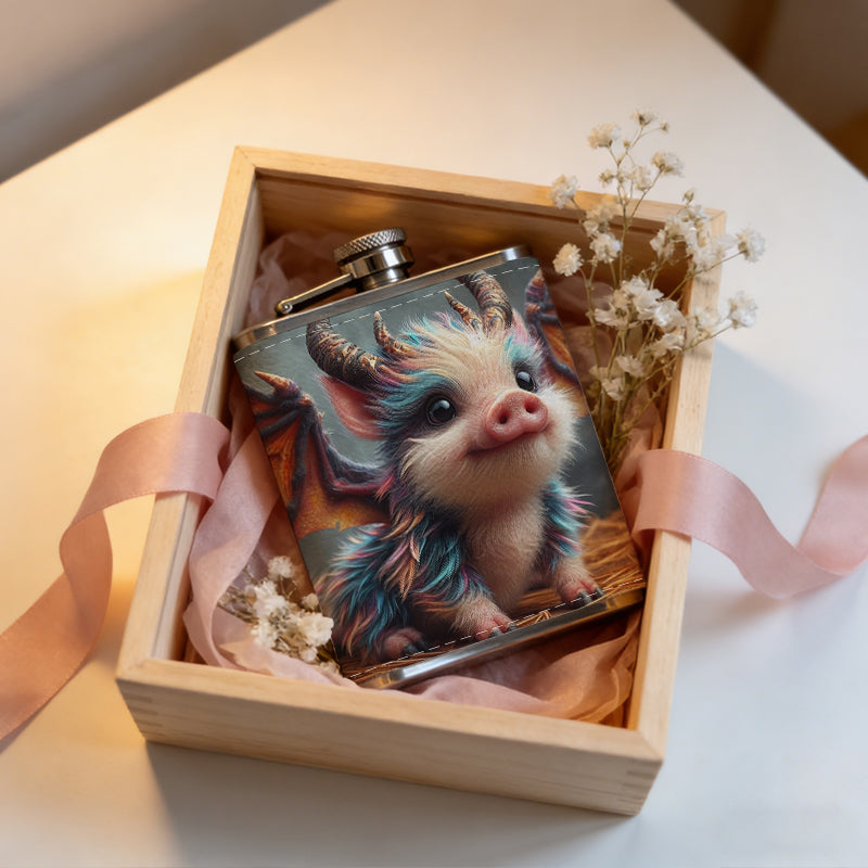 A cute fantasy winged horned pig dragon 8oz Flask, Stainless Steel Whiskey Bottle Gift  for Women, Home Kitchen Bar Tools, Gift Box, Holiday Gift, Christmas, Valentine's Day, Girlfriend, Mom, Present