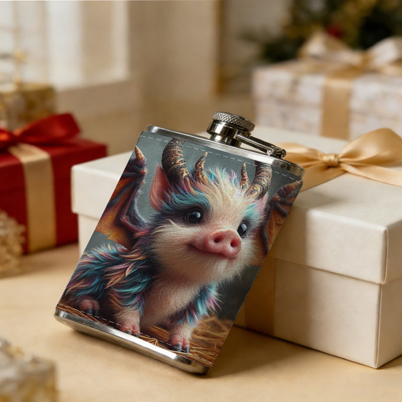 A cute fantasy winged horned pig dragon 8oz Flask, Stainless Steel Whiskey Bottle Gift  for Women, Home Kitchen Bar Tools, Gift Box, Holiday Gift, Christmas, Valentine's Day, Girlfriend, Mom, Present