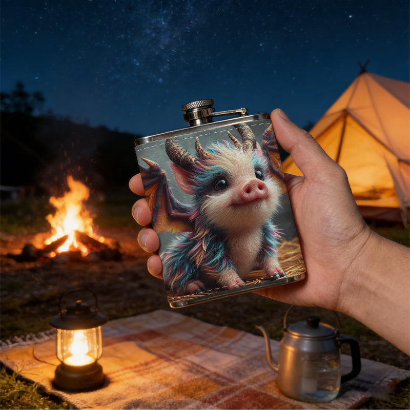 A cute fantasy winged horned pig dragon 8oz Flask, Stainless Steel Whiskey Bottle Gift  for Women, Home Kitchen Bar Tools, Gift Box, Holiday Gift, Christmas, Valentine's Day, Girlfriend, Mom, Present