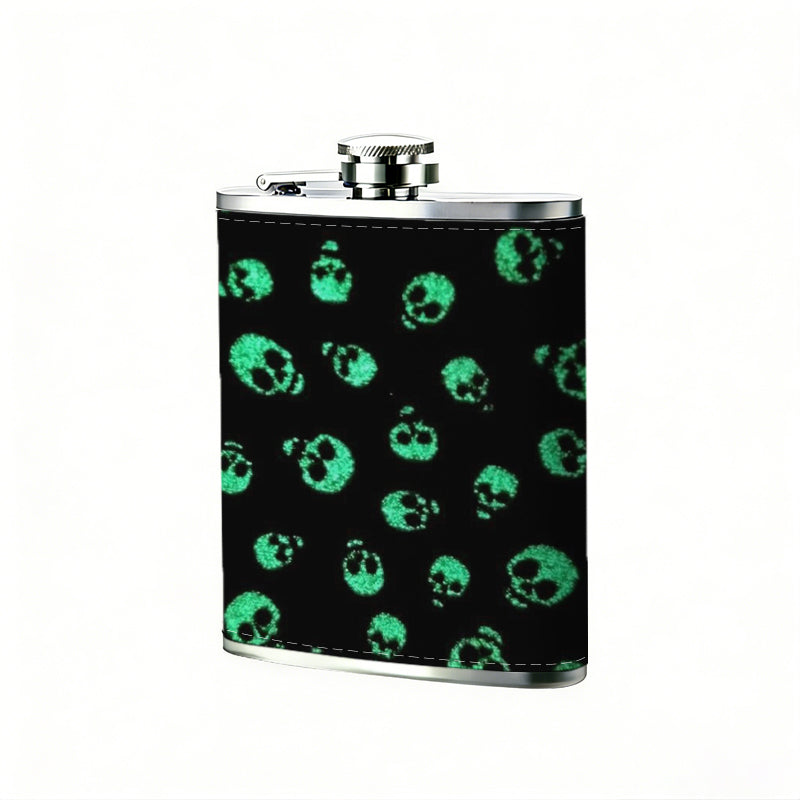 Glowing green skull patterns 8oz Flask, Stainless Steel Whiskey Bottle Gift  for Women, Home Kitchen Bar Tools, Gift Box, Holiday Gift, Christmas, Valentine's Day, Girlfriend, Mom, Present