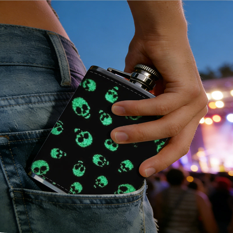 Glowing green skull patterns 8oz Flask, Stainless Steel Whiskey Bottle Gift  for Women, Home Kitchen Bar Tools, Gift Box, Holiday Gift, Christmas, Valentine's Day, Girlfriend, Mom, Present