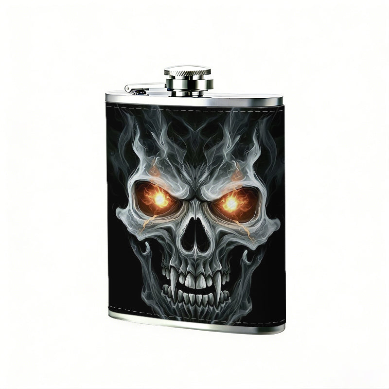 Skull with glowing eyes on black background 8oz Flask, Stainless Steel Whiskey Bottle Gift  for Women, Home Kitchen Bar Tools, Gift Box, Holiday Gift, Christmas, Valentine's Day, Girlfriend, Mom, Present