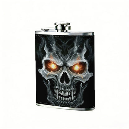 Skull with glowing eyes on black background 8oz Flask, Stainless Steel Whiskey Bottle Gift  for Women, Home Kitchen Bar Tools, Gift Box, Holiday Gift, Christmas, Valentine's Day, Girlfriend, Mom, Present