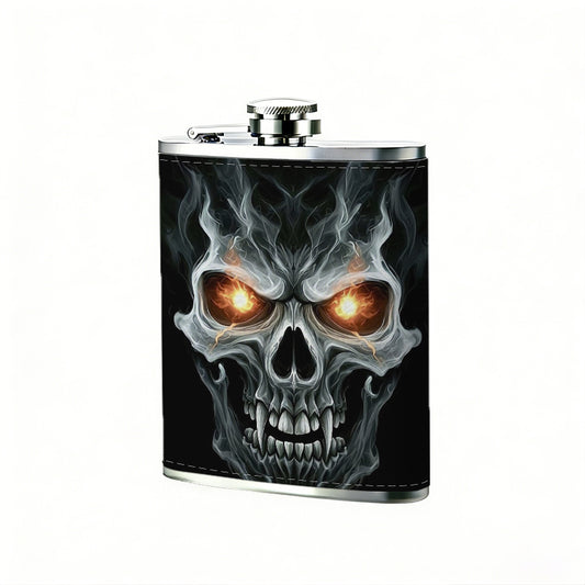 Skull with glowing eyes on black background 8oz Flask, Stainless Steel Whiskey Bottle Gift  for Women, Home Kitchen Bar Tools, Gift Box, Holiday Gift, Christmas, Valentine's Day, Girlfriend, Mom, Present