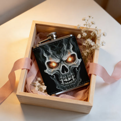Skull with glowing eyes on black background 8oz Flask, Stainless Steel Whiskey Bottle Gift  for Women, Home Kitchen Bar Tools, Gift Box, Holiday Gift, Christmas, Valentine's Day, Girlfriend, Mom, Present